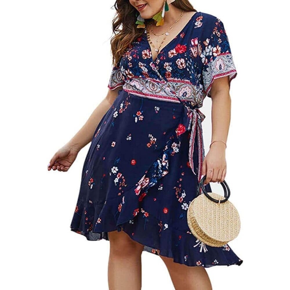 Junior's Summer Wrap Dress Boho Tie Belt Casual Dress Size XL Navy Floral